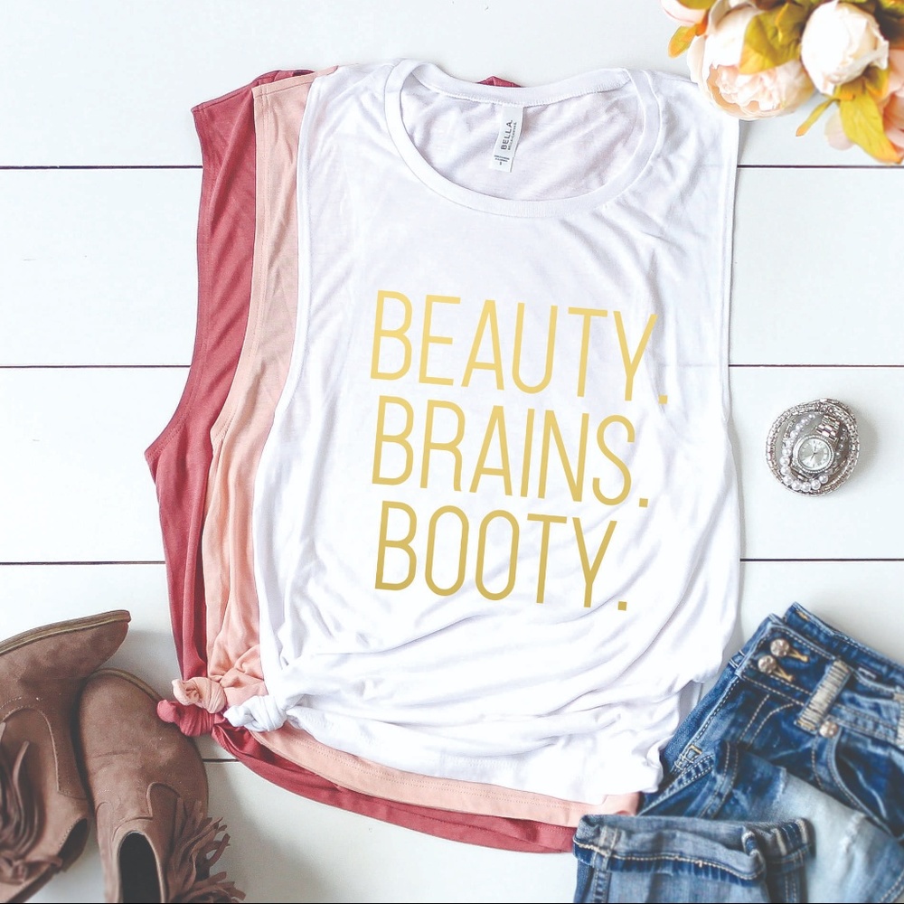 BEAUTY BRAINS BOOTY WORKOUT GYM MUSCLE TANK SHIRT - Picture 1 of 2